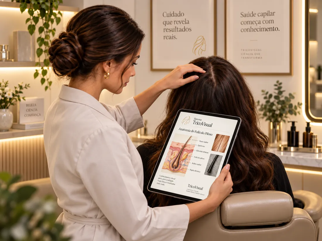 Profissional usando o Sistema TricoVisual em tablet durante atendimento de saúde capilar